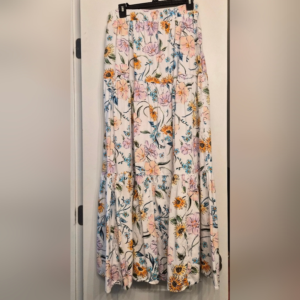 Crown & Ivy Floral Maxi Skirt with Pink, Blue, Purple and Orange Blooms